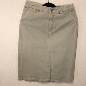 Knee length khaki jean pencil skirt